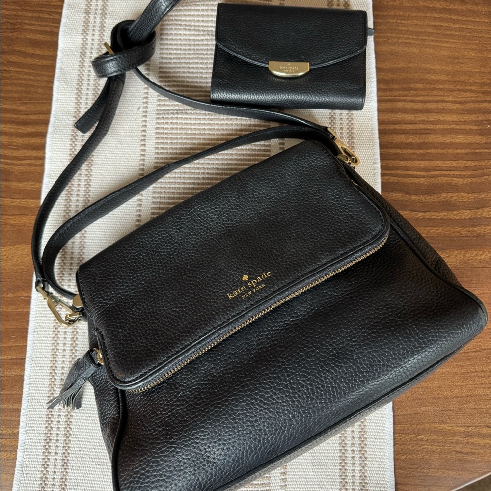 Kate Spade Black Pebbled Leather Crossbody purse & matching wallet